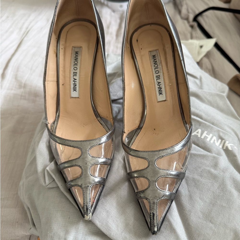 $845 NEW MANOLO BLAHNIK  Gotria silver Specchio PVC BB Heels Pumps SHOES 35
